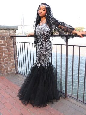 Black Beaded Mermaid Prom Dress with Tulle Skirt